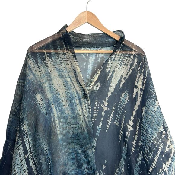 Harari 100% Silk Sheer Poncho Top Blouse Kaftan One Size Blue Black Abstract - Picture 2 of 6